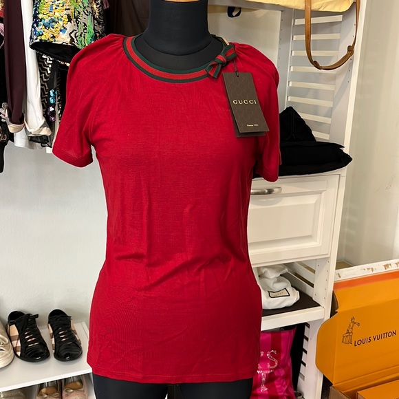 Gucci Tops - RETAIL $1500 Authentic NWT Women’s Red Gucci web bow tie top blouse shirt webbed